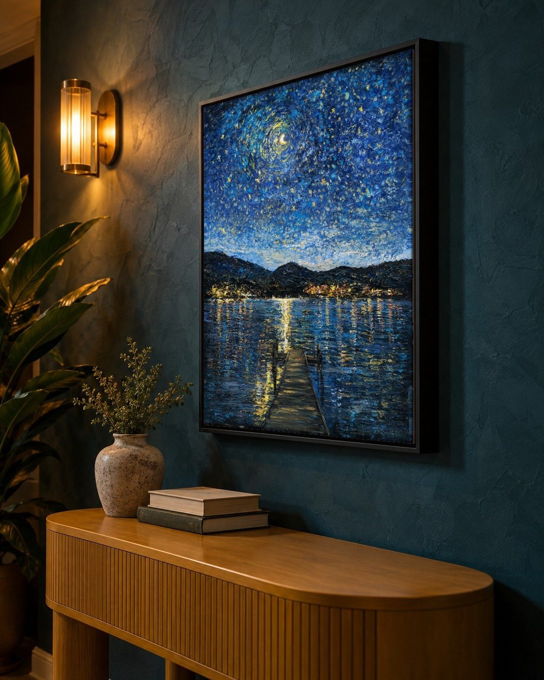 Okanagan Lake in Moonlight on a teal plaster wall