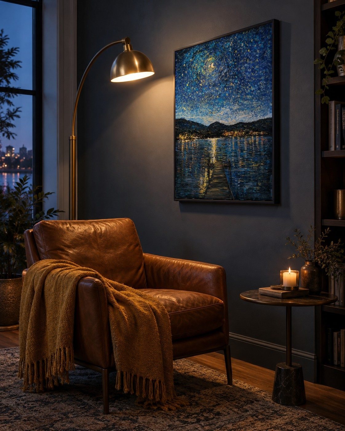 The same painting with the brass floor lamp's warm light falling across it from the upper left